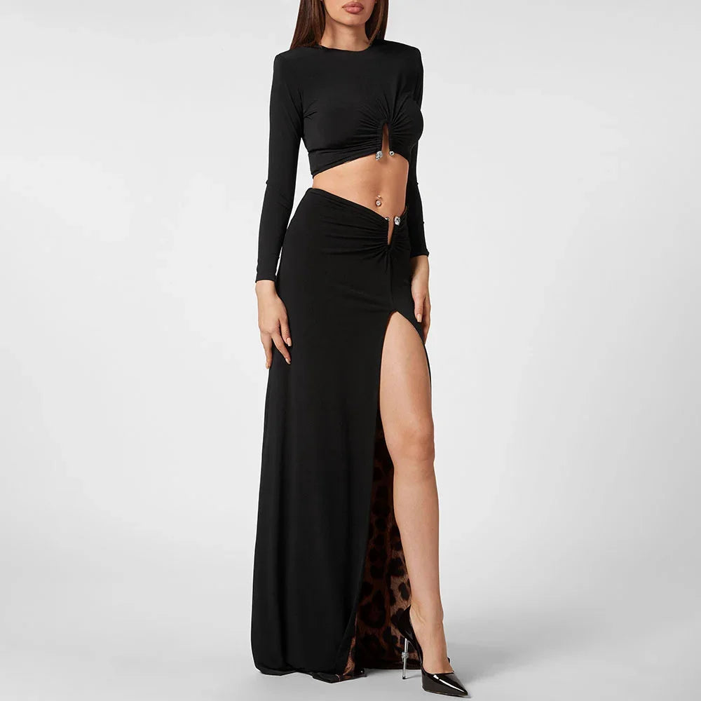Women’s Elegant High-Slit Two-Piece Maxi Dress | Sexy Long Evening Party Set