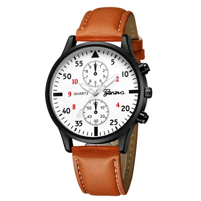 Men’s Luxury Watch Jewelry Set – Leather Strap Fashion Wristwatches Gift Pack with bracelet