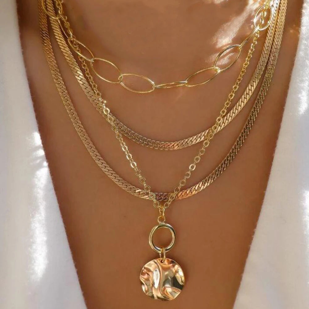 Women’s Jewelry Boho Layered Crystal Pendant Necklace | Vintage | Gold Tone | Trendy