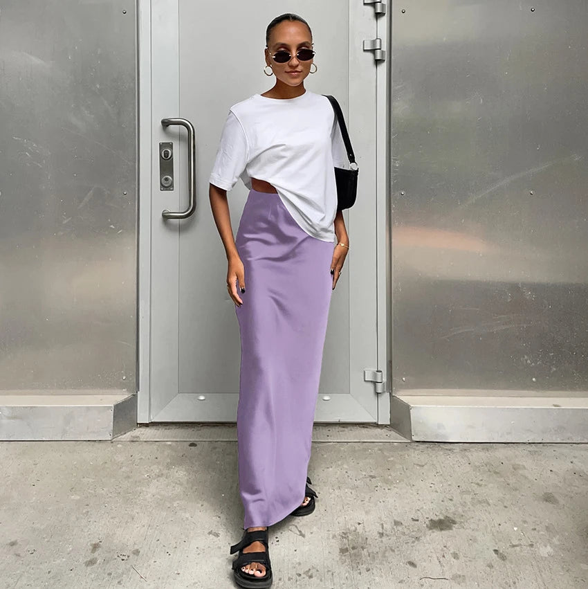 Women’s Satin High Waist Midi Skirt Bottom – Elegant Chic High Street Style