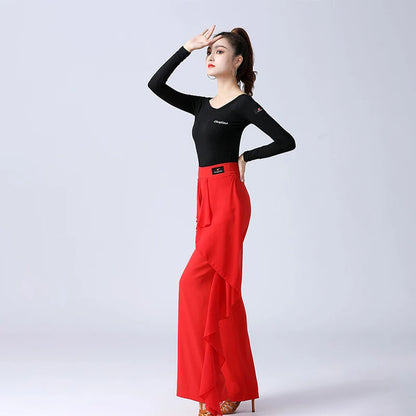 Women’s High-Waist Ruffle Dance Pants – Latin, Tango & Samba Performance Wide-Leg Trousers