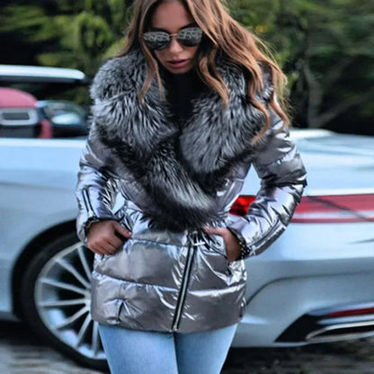 Women’s Glossy Jacket Outerwear – Short Fur Collar Cotton-Padded Puffer
