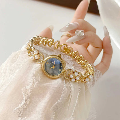 Women’s Small Gold Quartz Watch | Vintage | Pearl Chain | Elegant
