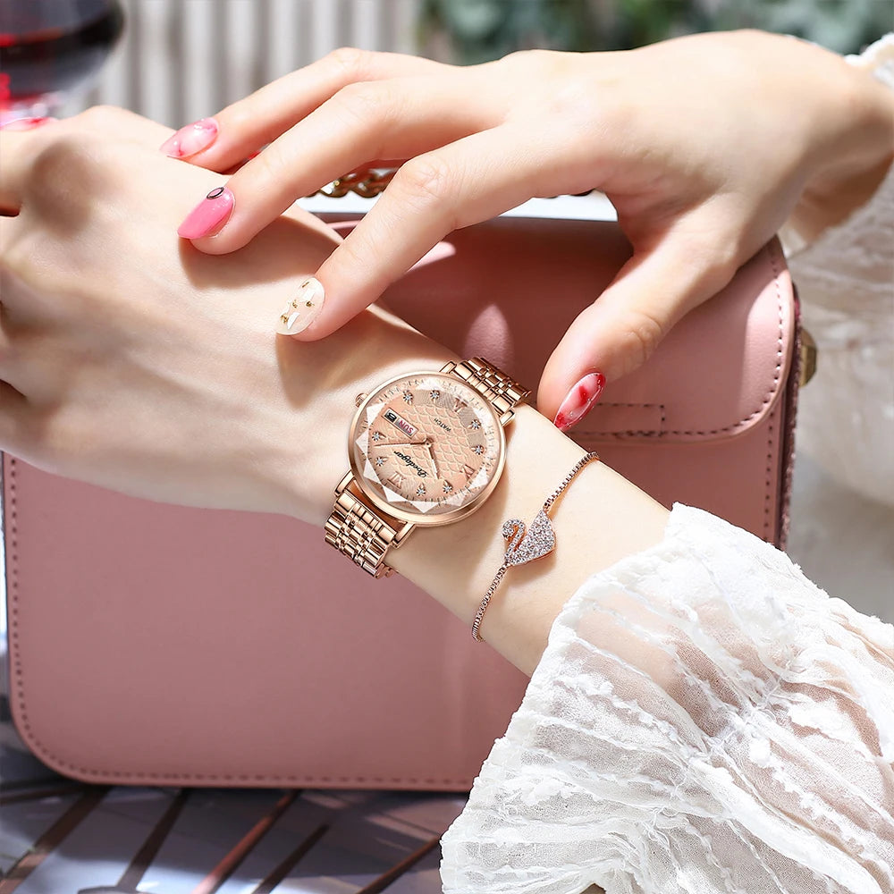Women’s Luxury Stainless Steel Watch – Waterproof Wristwatch with Date & Week Display