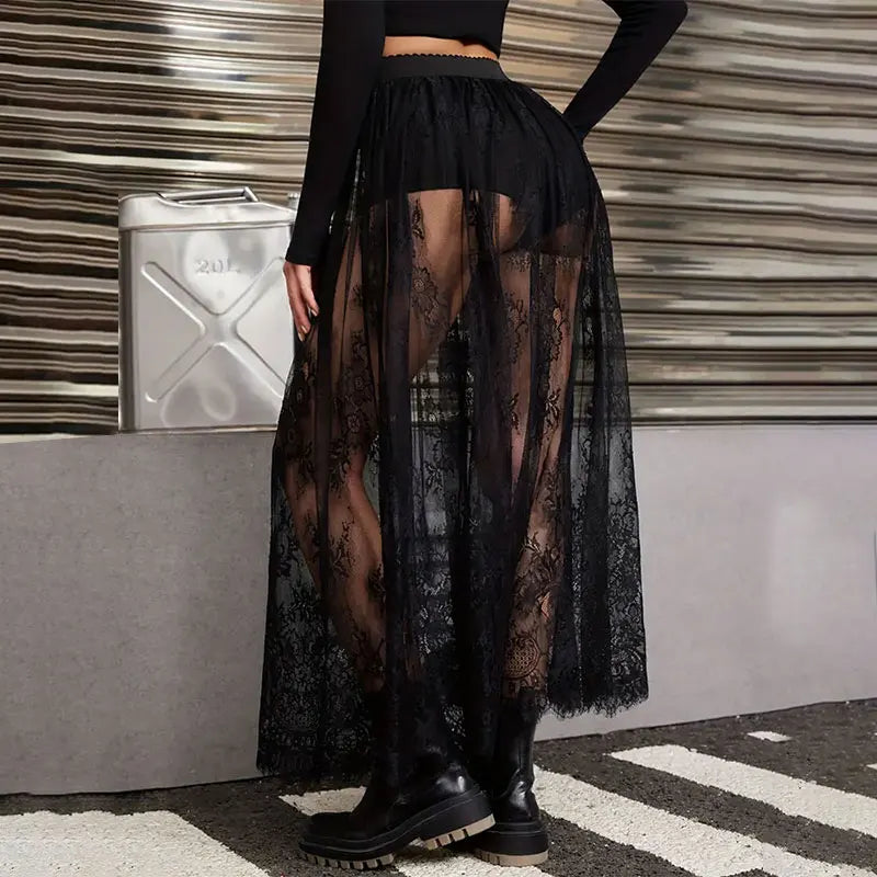 Women’s Elegant Lace Maxi Skirt Bottom – Sexy See-Through Black High Waist Party Skirt