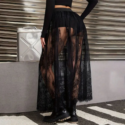 Women’s Elegant Lace Maxi Skirt Bottom – Sexy See-Through Black High Waist Party Skirt