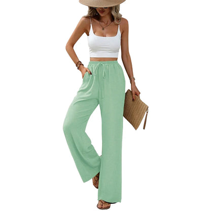 Women’s High-Waist Wide-Leg Pants – Elastic Waist Straight Trousers with Tie Front & Pockets