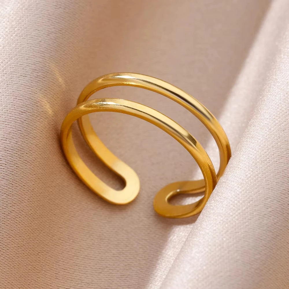 Women’s 316L Stainless Steel Geometric Open Ring – Gold Color Multilayer Vintage Waterproof Jewelry