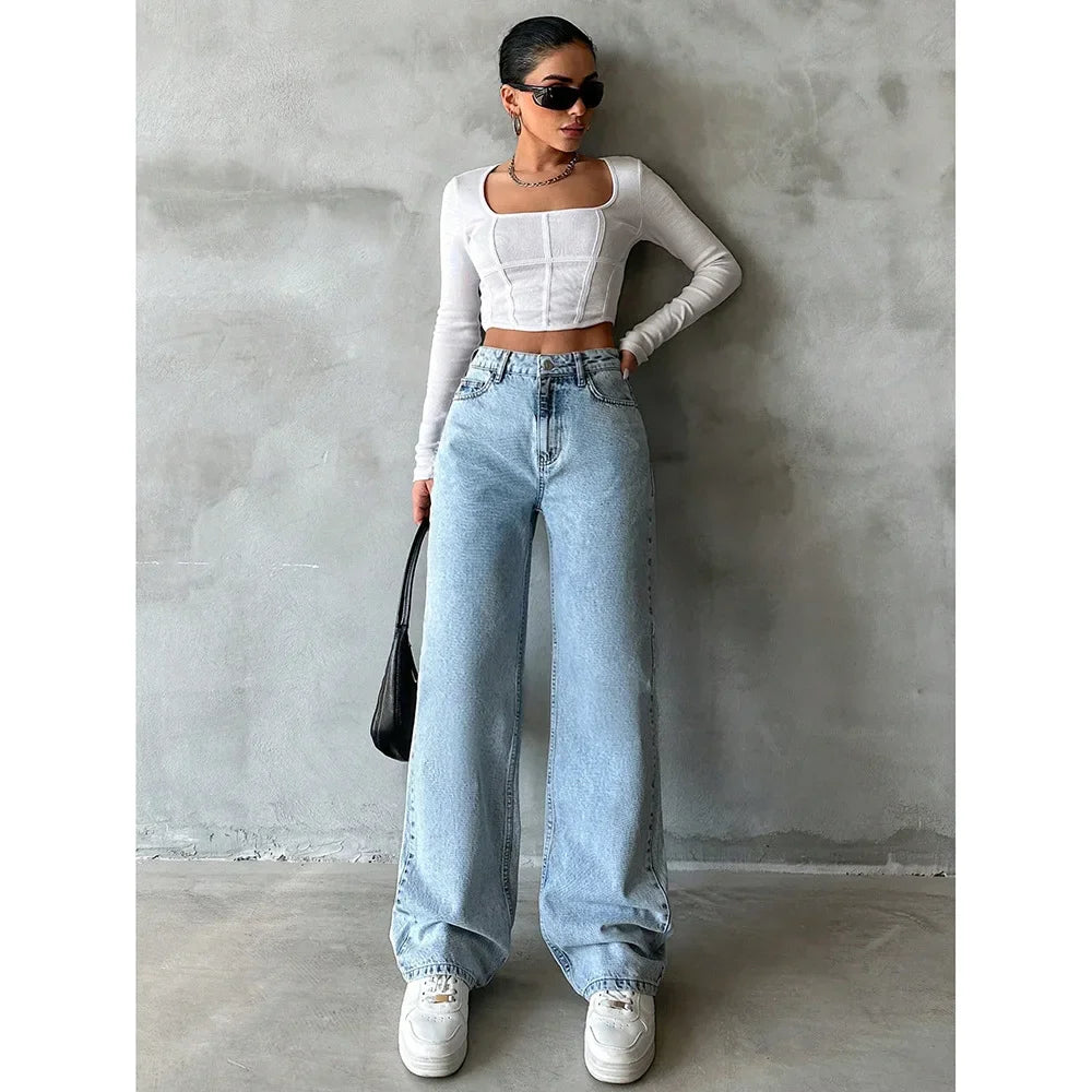 Women’s Wide Leg Jeans – High Waist Vintage Washed Denim Pants Bottom
