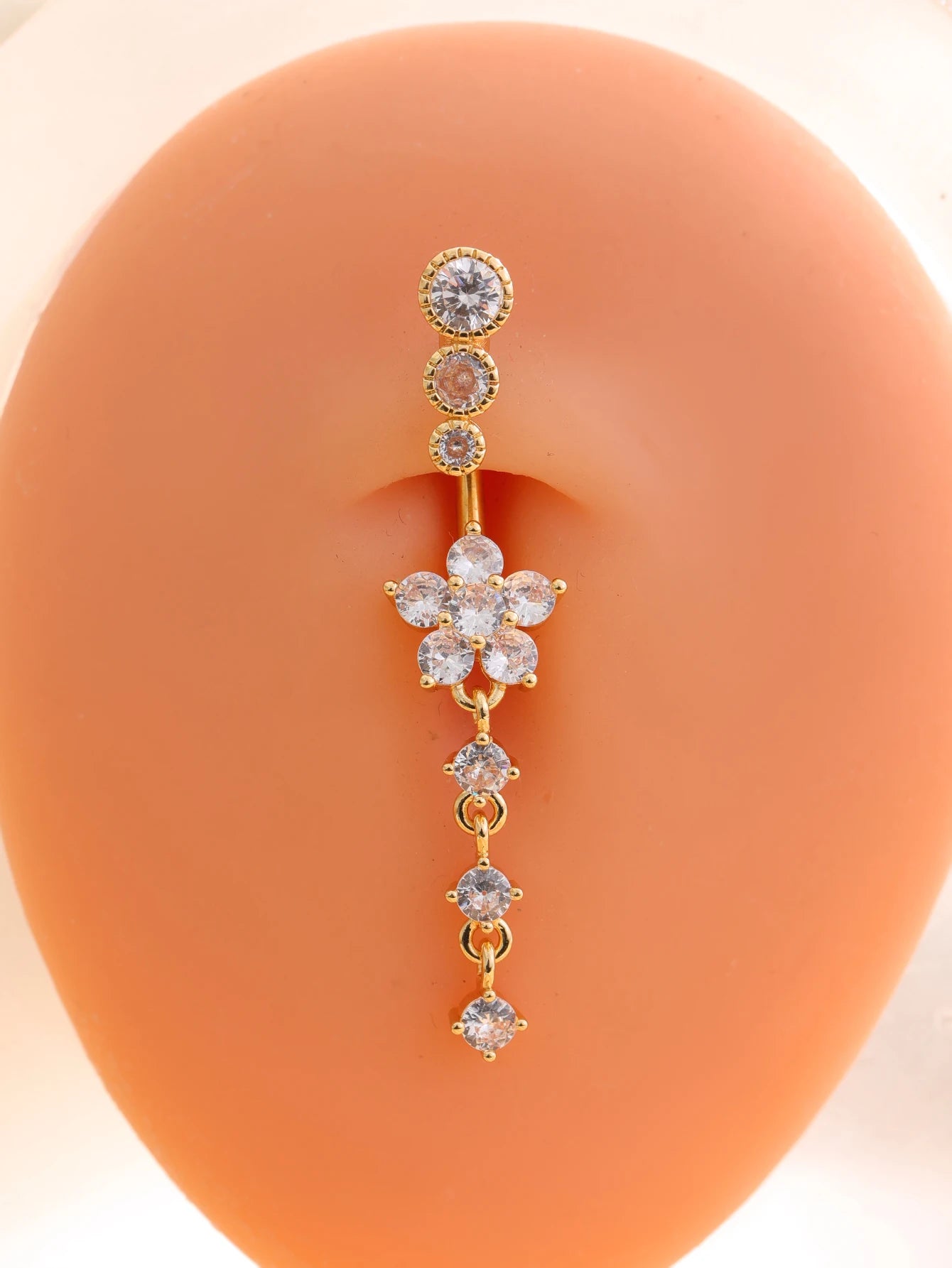 Women’s Gold Stainless Steel Belly Button – Long Dangle Flower CZ Crystal Navel Piercing Jewelry