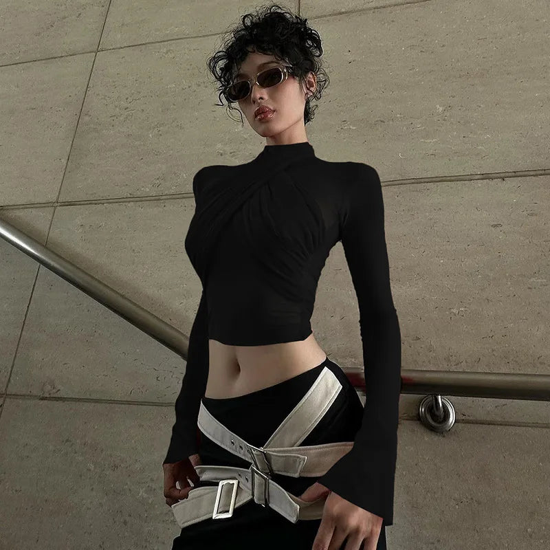 Women’s Red Turtleneck Bandage Crop Top | Sexy See-Through Streetwear Club Fashion Top