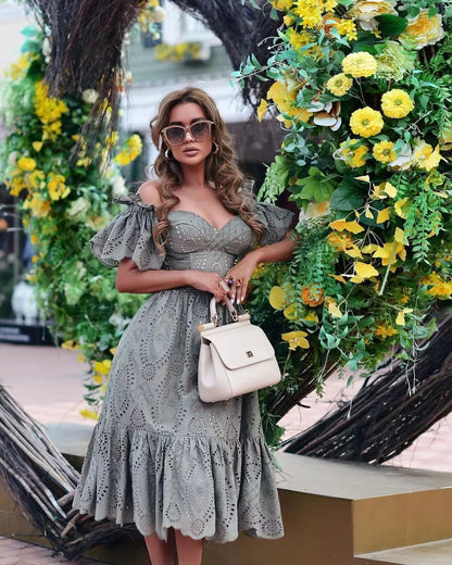 Women’s Off Shoulder Midi Dress – Elegant V-Neck A-Line Slim Fit Dress