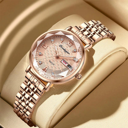 Women’s Luxury Stainless Steel Watch – Waterproof Wristwatch with Date & Week Display
