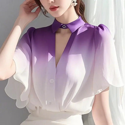 Women’s Gradient Chiffon Top | Loose Summer Blouse | Elegant Lightweight Fashion Shirt
