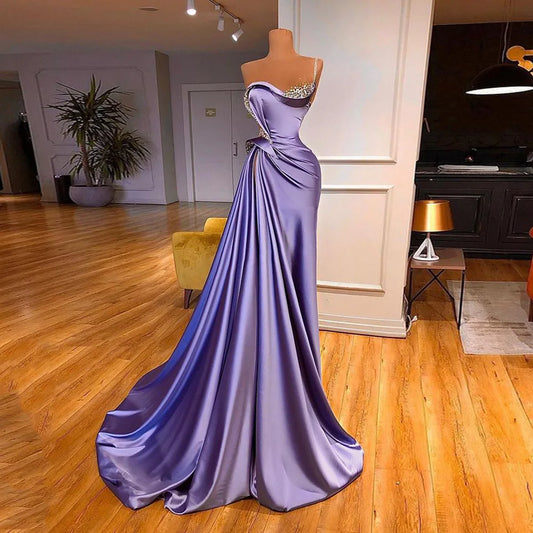 Women’s One Shoulder Lilac Evening Dress – Beaded Ruched Formal Gown with Sweep Train, Elegant Party & Pageant Maxi Dress