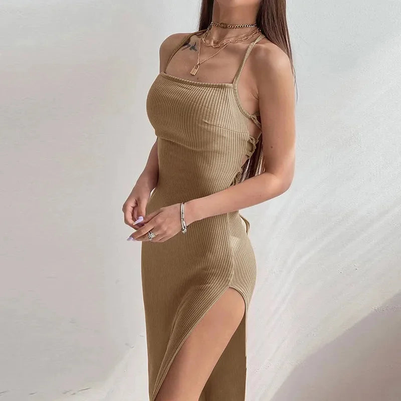 Women’s Black Halter Neck Maxi Dress – Sleeveless High Split Elegant Summer Evening Party Dress