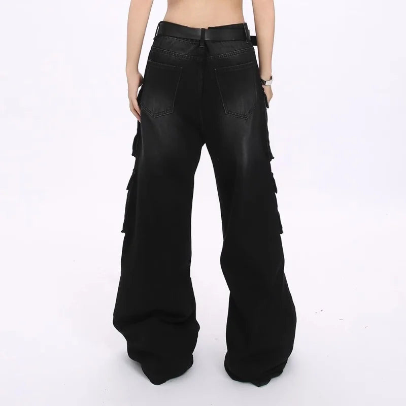 Women’s Cyber Y2K Washed Black Baggy Cargo Jeans Bottom – Wide Leg Streetwear
