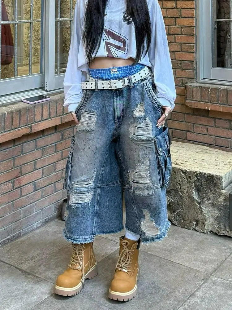 Women’s Vintage Denim Bermuda Bottom – Washed Baggy Jean Pants Slim Y2K Hot Girl Style with Distressed Holes