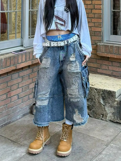Women’s Vintage Denim Bermuda Bottom – Washed Baggy Jean Pants Slim Y2K Hot Girl Style with Distressed Holes