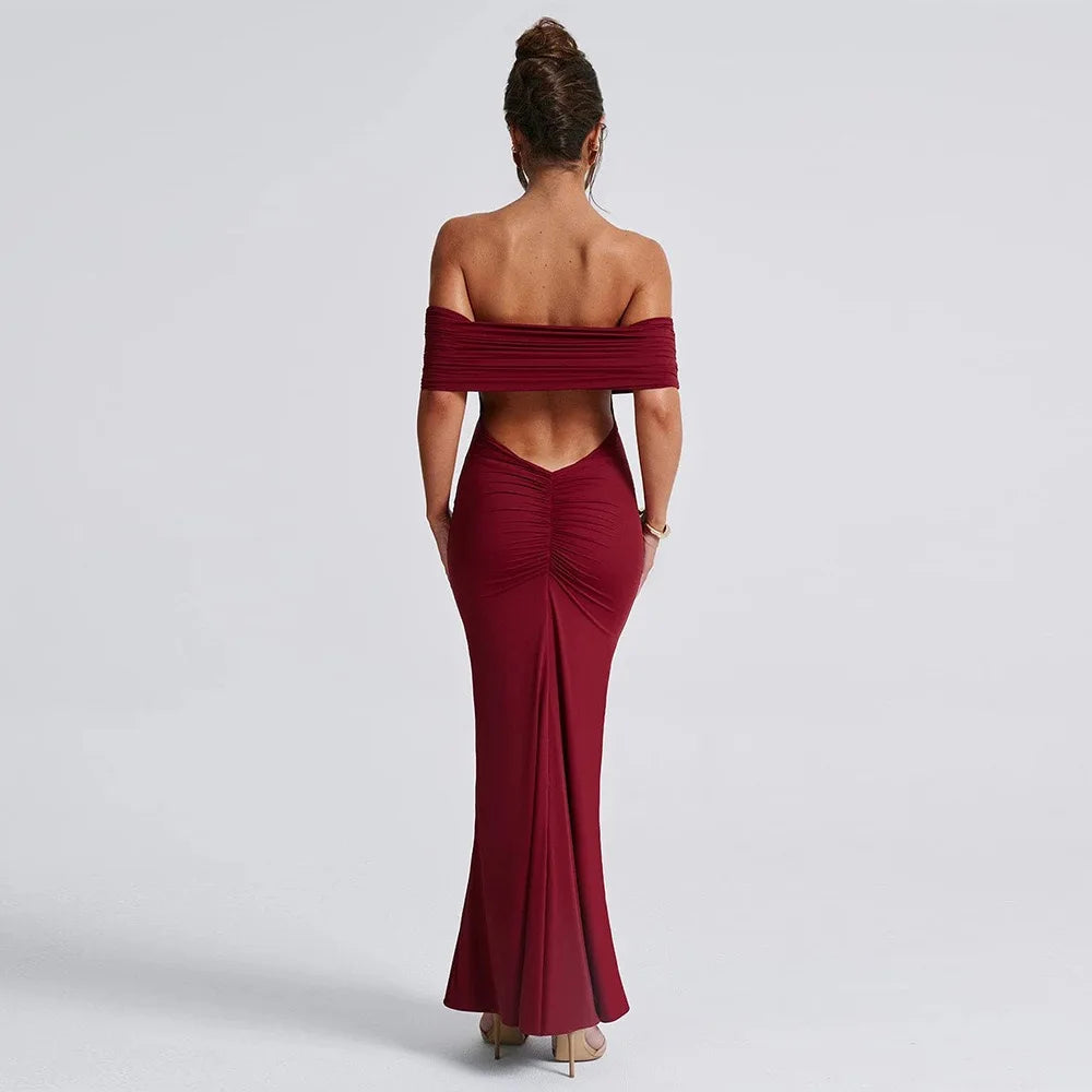 Women’s Off-Shoulder Backless Dress – Elegant Pleated High Slit Evening Party Dress
