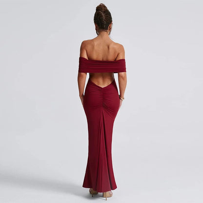 Women’s Off-Shoulder Backless Dress – Elegant Pleated High Slit Evening Party Dress