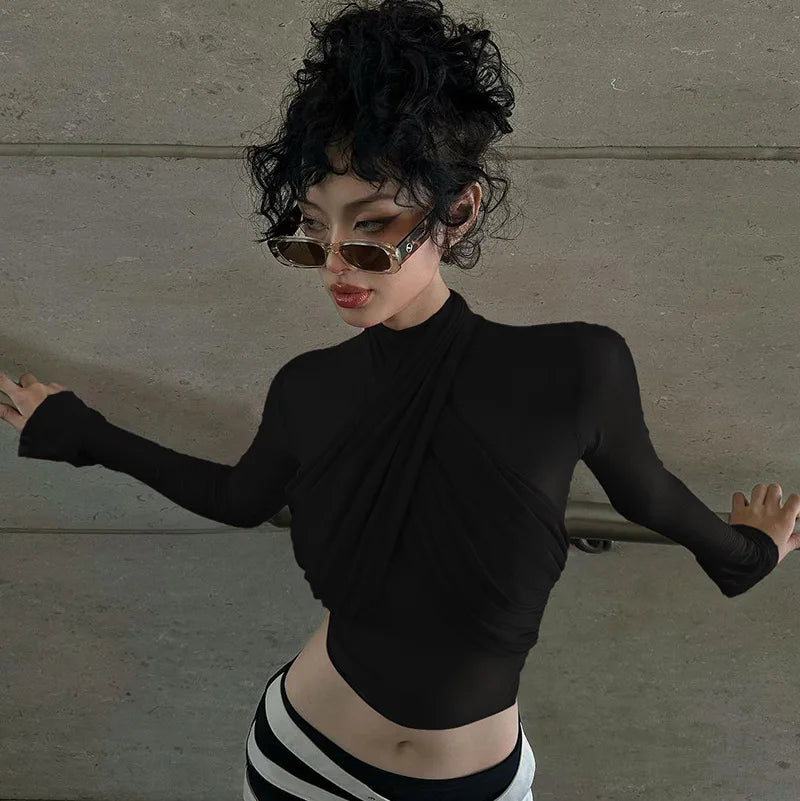 Women’s Red Turtleneck Bandage Crop Top | Sexy See-Through Streetwear Club Fashion Top