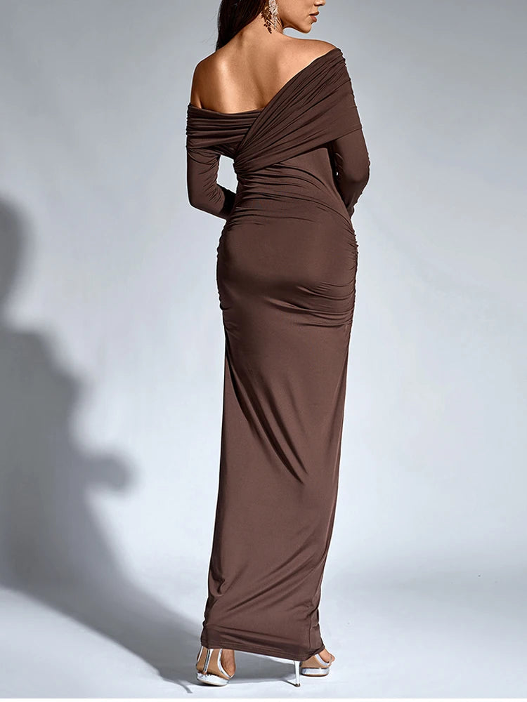 Women’s One Shoulder Asymmetric Elegant Maxi Dress – Long Sleeve Ruched Party Gown