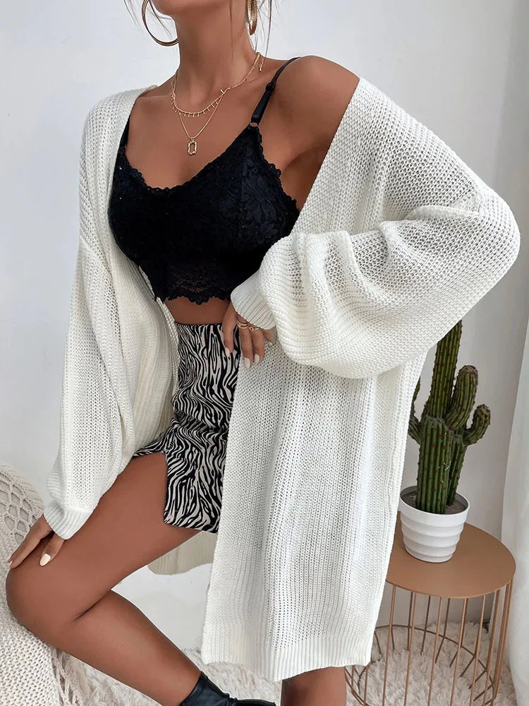 Women’s Elegant Knit Outerwear – Solid Color Medium-Long Versatile Jacket