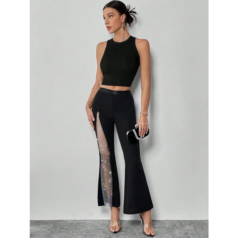 Women’s Street Fashion Flared Pants Bottom – Glitter High Slit Bootcut Trousers, Mid Waist Grenadine Fabric for Party & Night Out