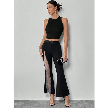Women’s Street Fashion Flared Pants Bottom – Glitter High Slit Bootcut Trousers, Mid Waist Grenadine Fabric for Party & Night Out