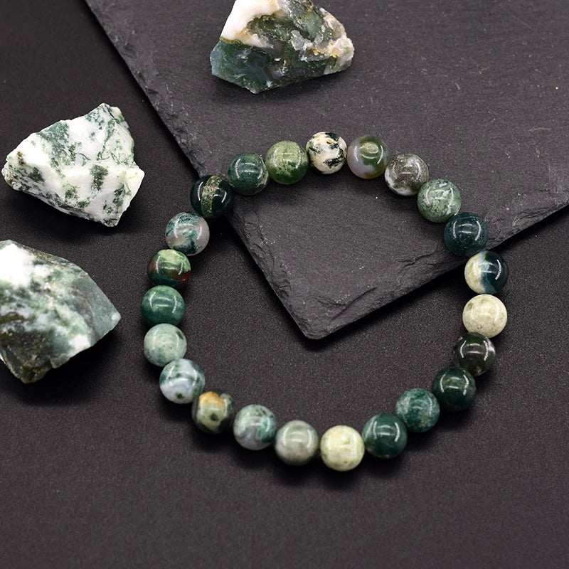 Women’s Natural Moss Agate Bead Bracelet – Healing Energy Stone Jewelry