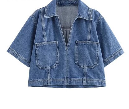 Women’s Blue Denim Sleeve Cropped Shirt | Summer Y2K Streetwear Top And Bottom Set | Stylish Casual Fashion Blouse