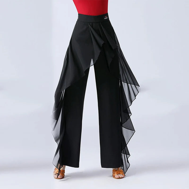 Women’s High-Waist Ruffle Dance Pants – Latin, Tango & Samba Performance Wide-Leg Trousers