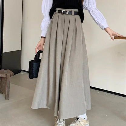 Women’s Pleated Long Skirt Bottom – Solid Color Mid-Length Large Swing Skirt Versatile Elegant Style