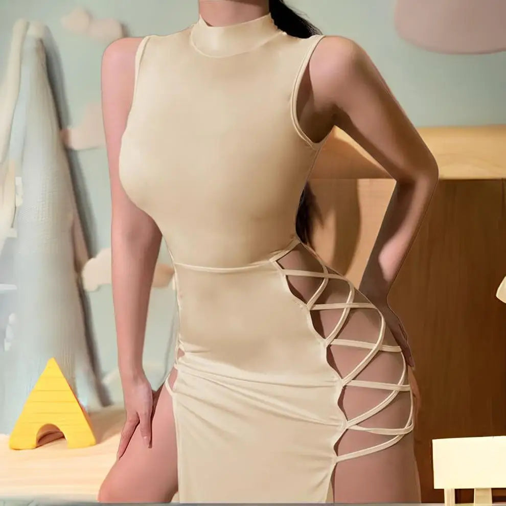 Women’s Sleeveless Turtleneck Slit Dress – Elegant Party Hollow Out Long Bandage Summer Dress