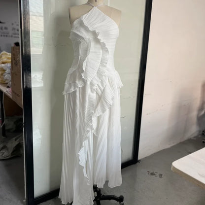 Women’s Halter Neck Ruffled Gown – Elegant Sleeveless Backless High Waist Irregular Long Dress