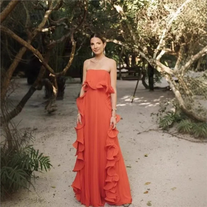 Women’s Strapless Pleated Dress – Elegant Ruffled Maxi Dress for Summer & Formal Events