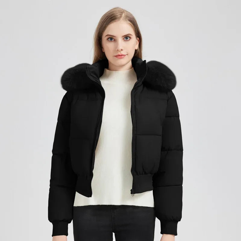 Women’s Down Cotton Puffer Outerwear – Short Fur Hooded Jacket