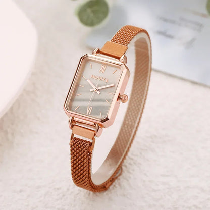 Women’s Square Green Dial Watch – Rose Gold Magnetic Mesh Strap Luxury Wristwatch
