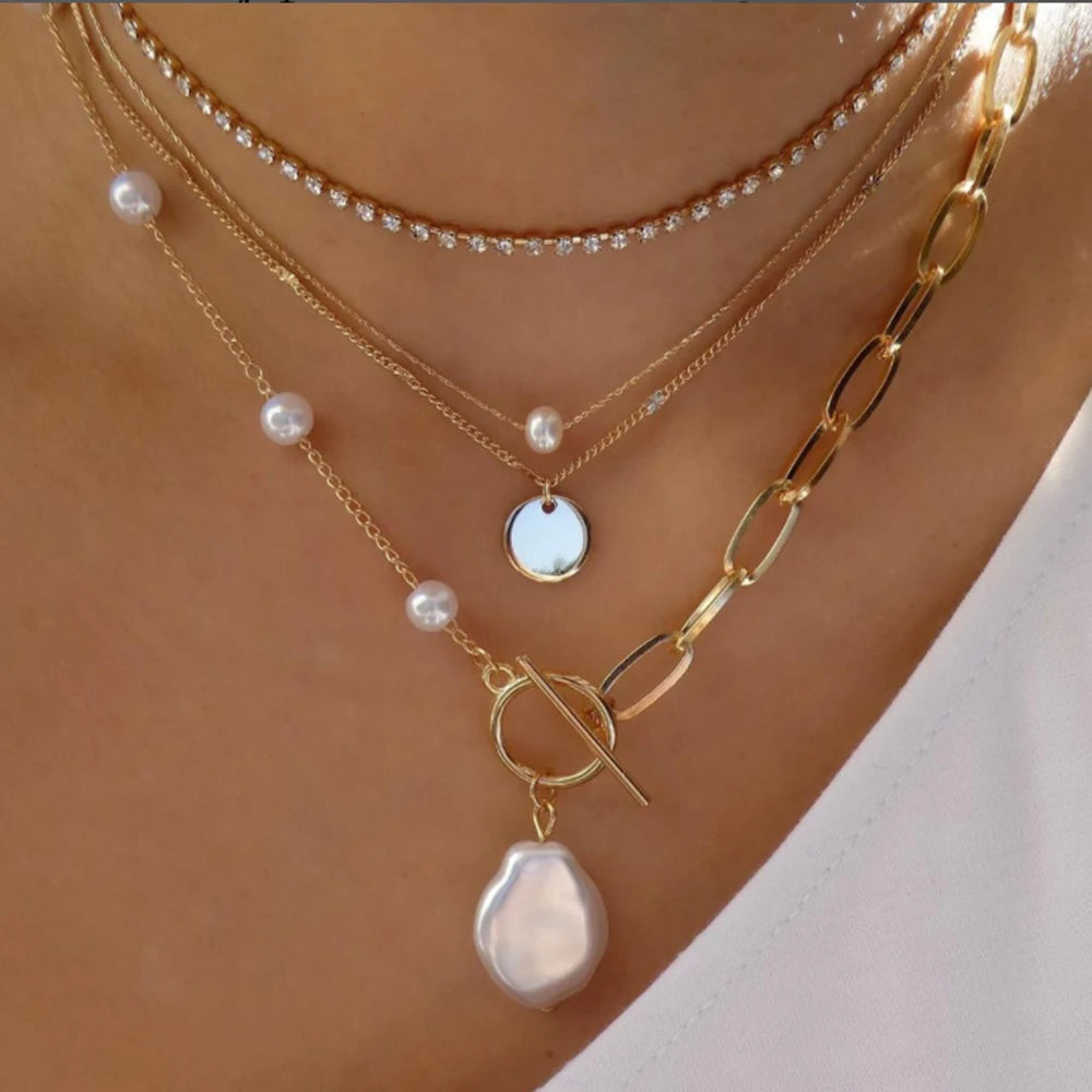 Women’s Jewelry Boho Layered Crystal Pendant Necklace | Vintage | Gold Tone | Trendy
