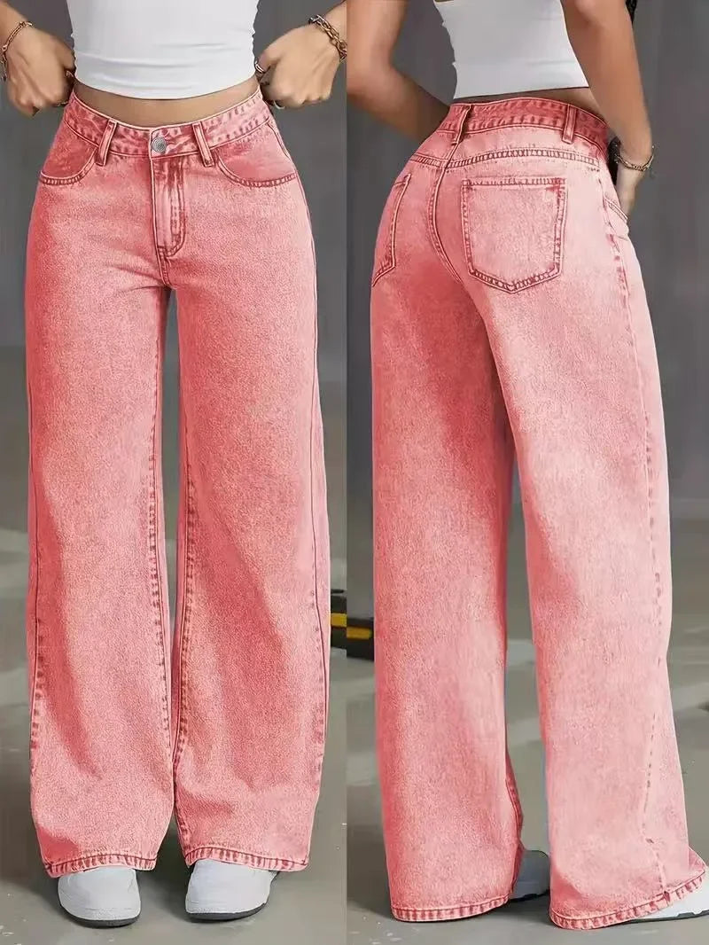 Women’s Wide Leg Jeans – High Waist Vintage Washed Denim Pants Bottom