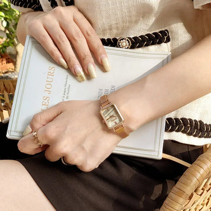 Women’s Square Green Dial Watch – Rose Gold Magnetic Mesh Strap Luxury Wristwatch
