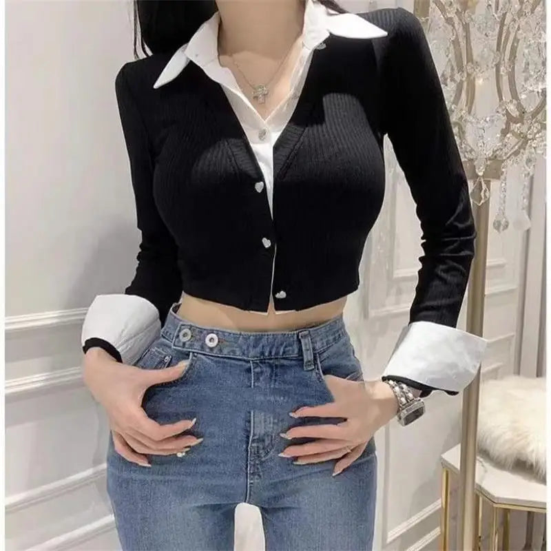 Women’s Y2K Autumn Splicing Fake Two Piece Crop Top Shirt | Slim Fit Long Sleeve Cardigan Style Street Fashion Top