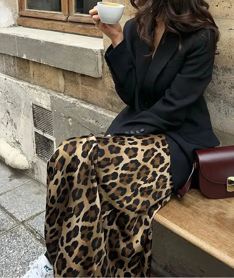 Women’s Leopard Print Midi Skirt Bottom – Vintage High Waist Elegant Summer Casual Streetwear Skirt