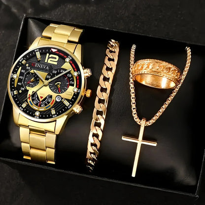 Men’s Luxury Quartz Watch Gift Jewelry Set – Gold Roman Calendar Wristwatch with Cross Necklace, Bracelet & Ring