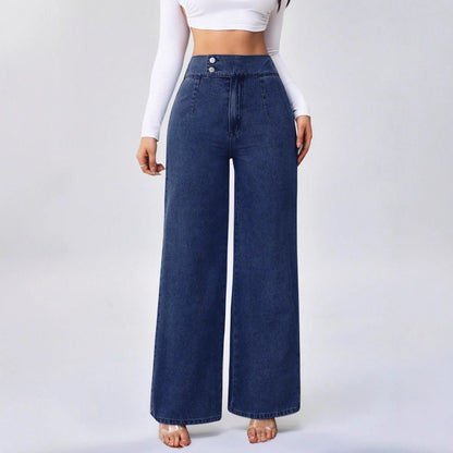 Women’s High Waist Wide Leg Jeans Bottoms | Retro | Deep Blue | Casual