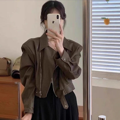 Women’s Long Sleeve Leather Coat Outerwear | Retro | Chic | Casual
