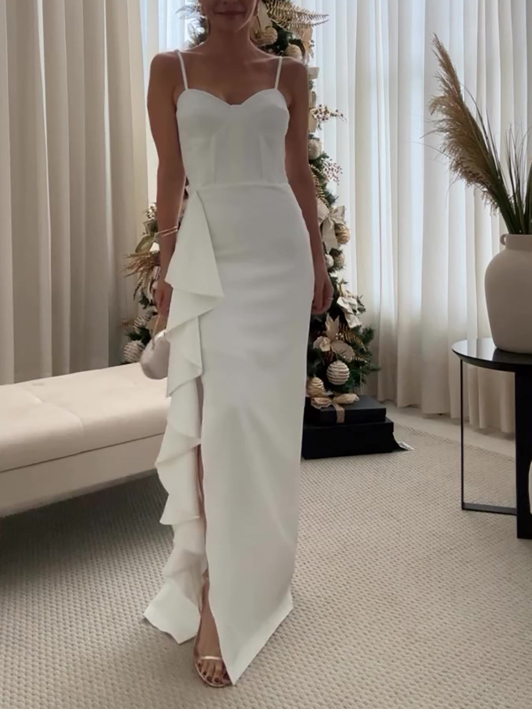 Women’s Ruffled Slit Suspender Maxi Dress | White | Elegant | Summer