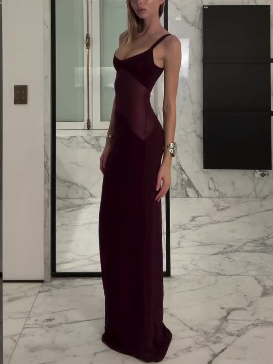 Women’s Mesh Patchwork Suspender Maxi Dress | Burgundy | Elegant | Party
