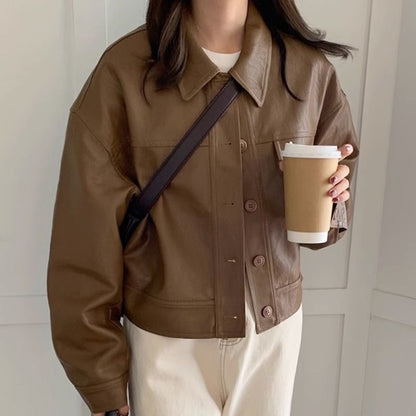 Women’s PU Leather Coat Outerwear | Brown | Casual | Chic